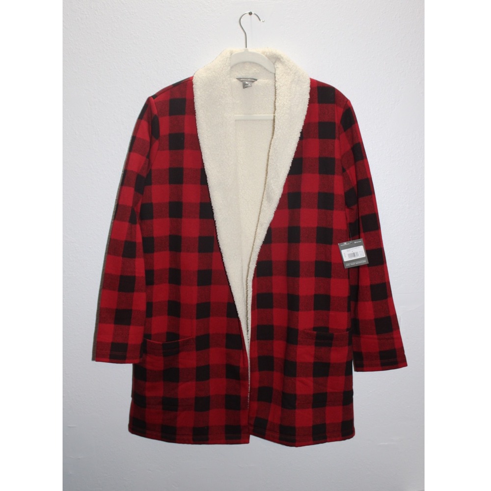 Eddie Bauer Women's Med Buffalo Plaid Sherpa Lined Cardigan Jacket Cozy NWT